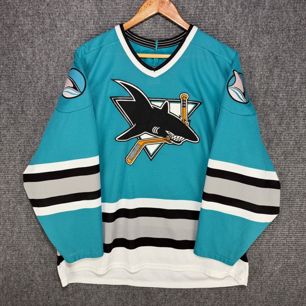 Vintage CCM San Jose Sharks Hockey Jersey Mens XL Teal Black White NHL Mesh